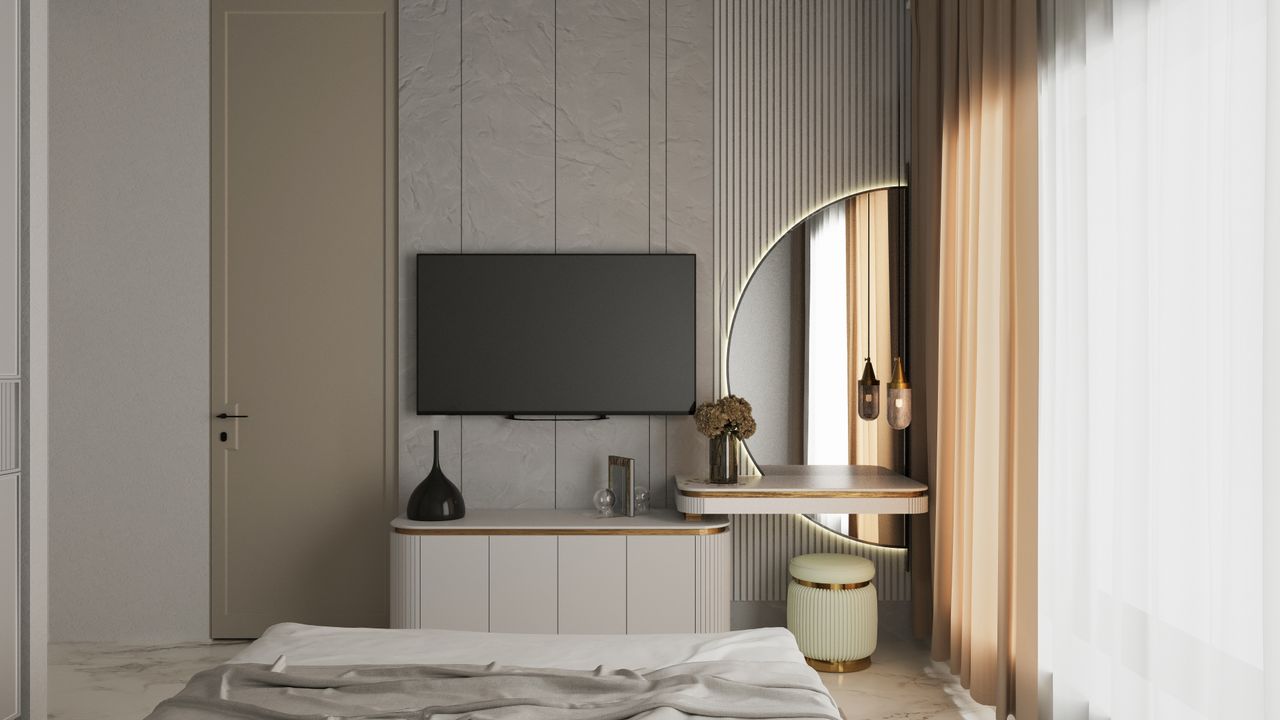 services-03 Elegant modern bedroom interior with minimalist design elements, TV, and unique decor.
