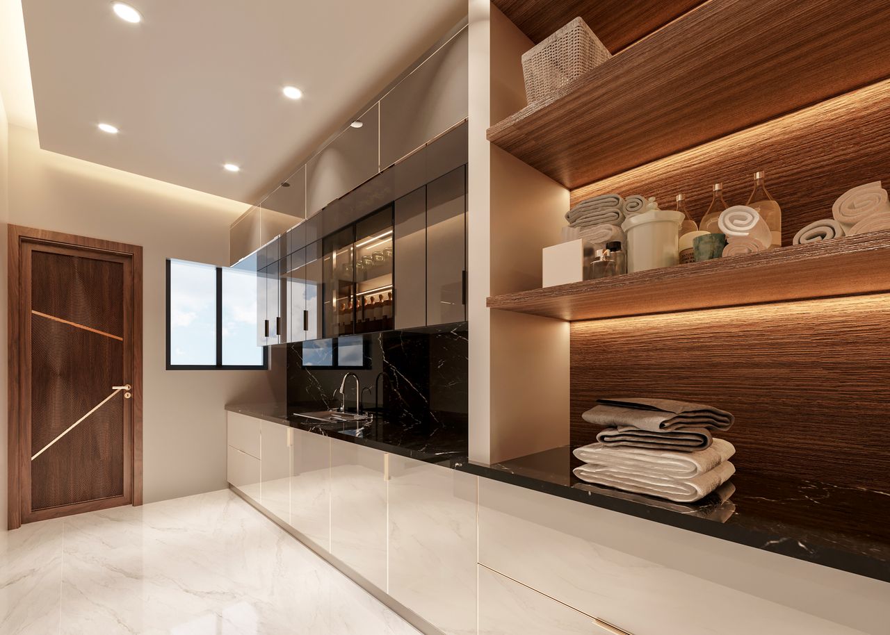 about-02 Sleek modern kitchen interior with glossy surfaces, wooden accents, and abundant natural lighting.